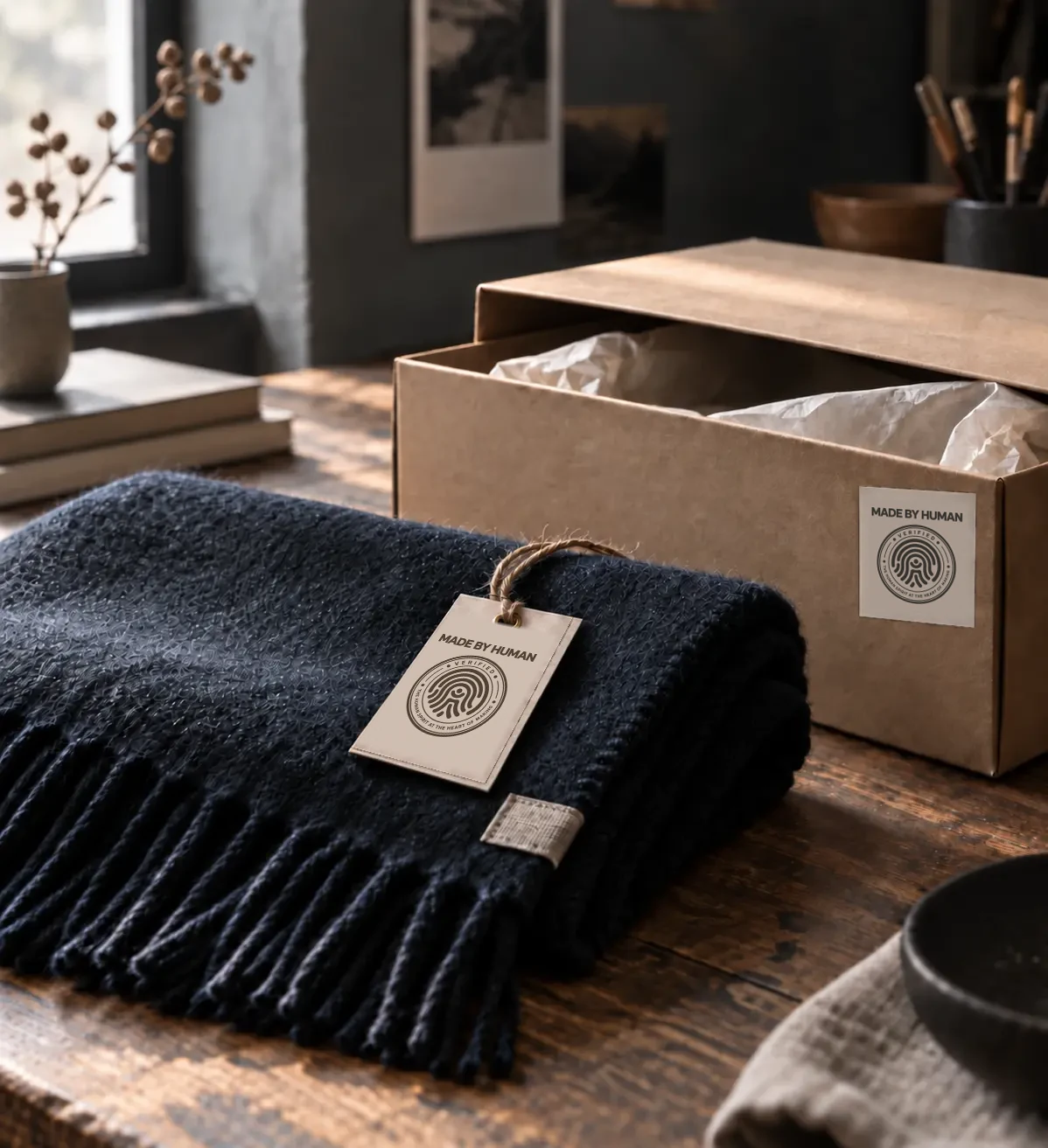 Example of the Made by Human mark used with a textile product and packaging